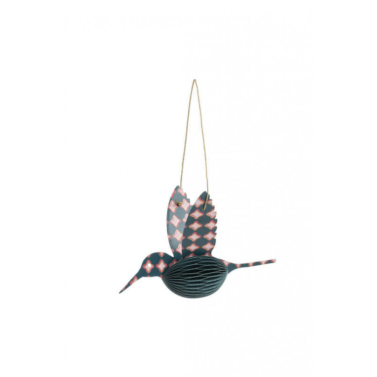 Colibri à suspendre, en papier plié bleu avec des motifs rose et doré sur la tête et les ailes