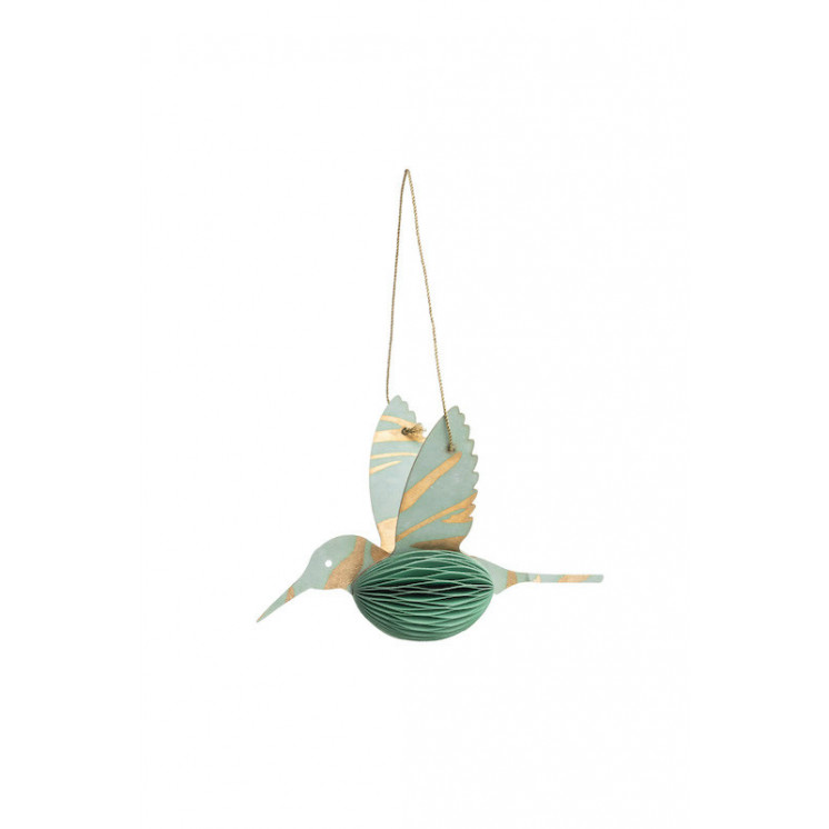 Colibri à suspendre, en papier plié vert clair avec des motifs doré sur la tête et les ailes