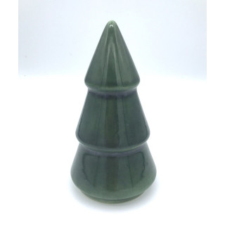 Sapin décoratif en céramique, émaillé vert brillant avec un effet métallisé.