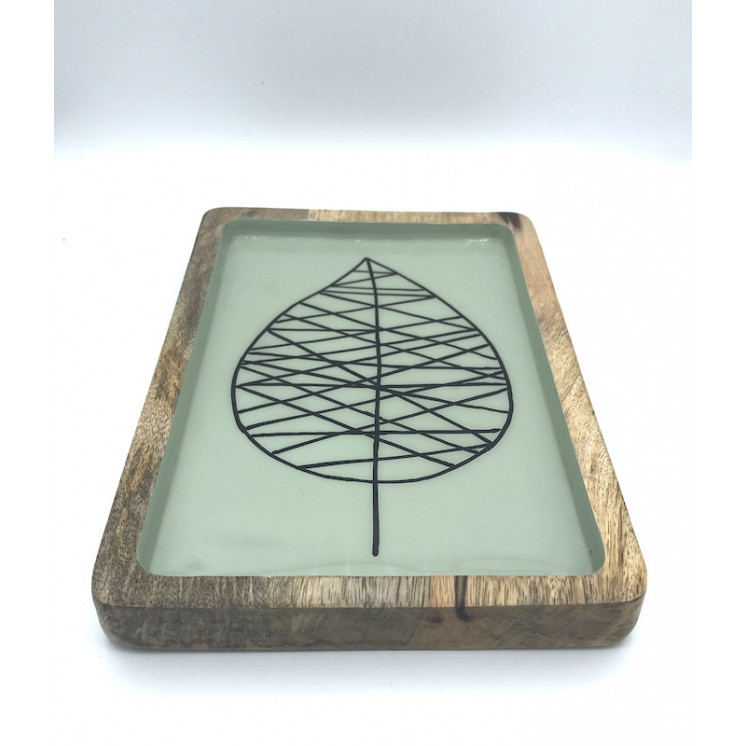 Plateau feuille en bois de manguier et décor émaillé - Moyen