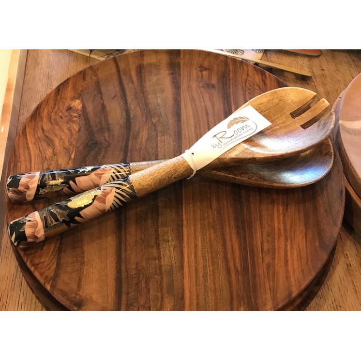 Couverts à salade en bois de manguier avec un décor émaillé sur le manche